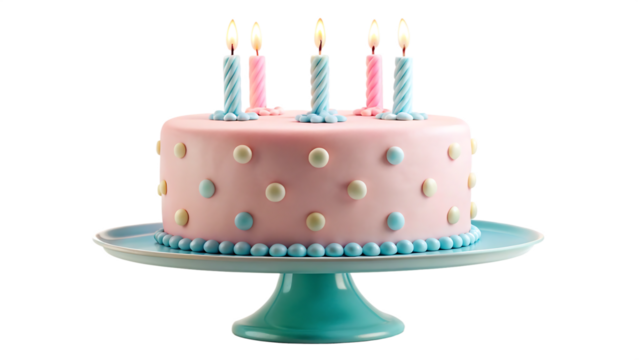 A delightful pink frosted birthday cake adorned with blue and pink candles on a teal cake stand