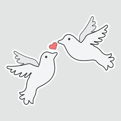 Romantic Doves with Heart Vector Sticker.  A charming vector illustration sticker featuring two doves facing each other with a small red heart between their beaks, symbolizing love and peace