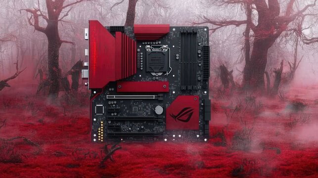 ROG Strix B650-A Gaming WiFi Motherboard in a Red Forest