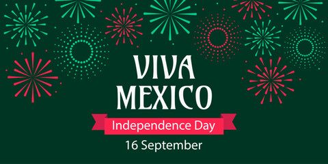 Viva Mexico. Flat vector illustration with fireworks for Mexican Independence Day on September 16.