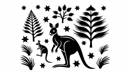 Black silhouette of kangaroos with trees and stars in a decorative australian style design art image