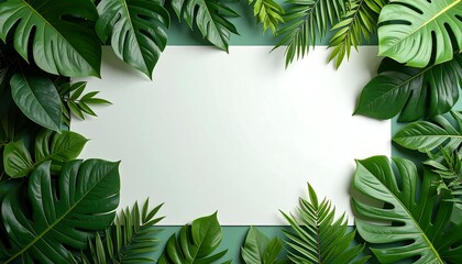 Lush Tropical Foliage Frame with Monstera and Palm Leaves on a Two-Tone Background