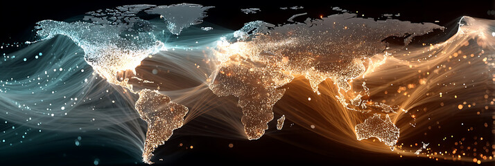 Illuminated global connection network on world map visualization
