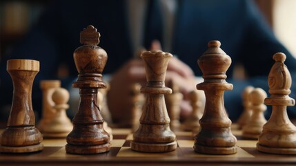 The chess set with a strategic player contemplating moves in an intense game.