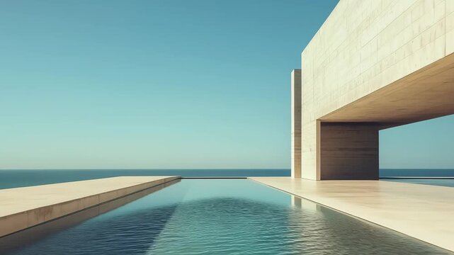The video showcases a sleek, minimalist pool with a concrete structure that offers an unobstructed view of the ocean