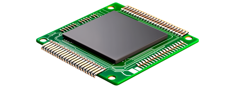 Green Circuit Board with Gray Microchip on Black Background