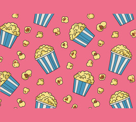 Seamless popcorn pattern on pink background, featuring striped buckets and scattered kernels, perfect for movie nights, parties, and fun foodthemed designs