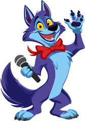 A cartoon blue wolf stands holding a microphone and smiling.