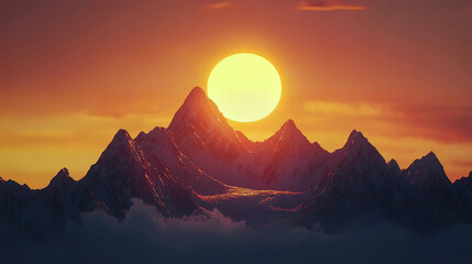 AI Generated - Majestic mountain range with snow-capped peaks and a beautiful sunset in the background. Commercial illustration artwork for business applications. High-resolution. Premium quality.