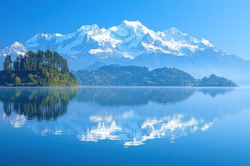 Picturesque mountain lake panorama.  A serene lake reflects a snow-capped mountain range, a tranquil landscape with mirrored clouds and trees