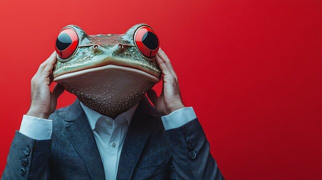 Man in suit wearing a frog mask with hands on head against red background