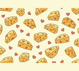 Seamless cheese pattern with heart accents, perfect for foodthemed designs, featuring cute cheese wedges and romantic heart elements on a light background