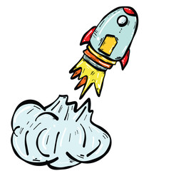 Colorful rocket launches into sky, leaving trail of smoke behind. design is playful and cartoonish, evoking sense of adventure and exploration
