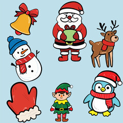 Festive illustrations featuring bell Santa Claus snowman reindeer mitten elf and penguin all adorned in cheerful holiday attire. These characters evoke joyful Christmas spirit