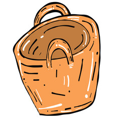 Hand drawn basket with rounded shape and two handles, showcasing warm orange color. This artistic representation highlights simplicity and charm of everyday items