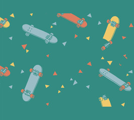 Seamless skateboard pattern on a green background featuring various skateboard designs and colorful triangles, perfect for a trendy and artistic wallpaper