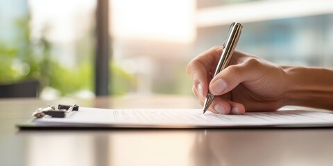 Fototapeta premium The hand writing on a document in a modern office setting.