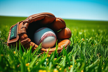 Baseball Glove and Ball on Grass, Sports Photo