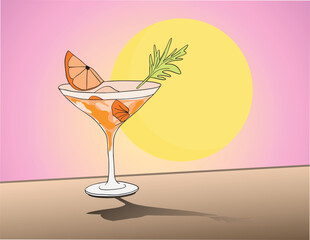 Orange cocktail with grapefruit slice and herbs garnishing resting on a surface at sunset