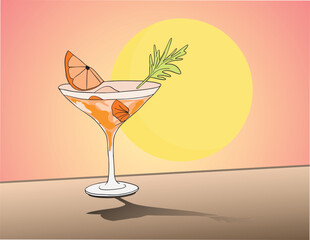 Orange cocktail with grapefruit slice and herbs garnishing resting on a surface at sunset