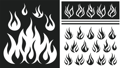 Collection of stylized white fire flames on black background