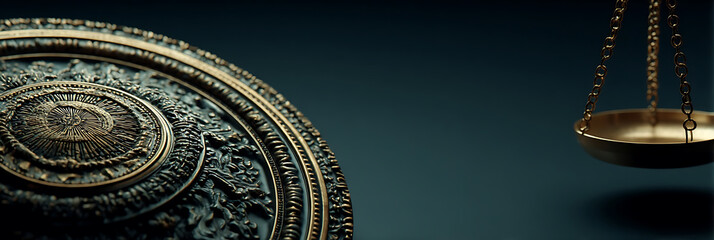Obraz premium Intricate shield and balanced scale on dark background
