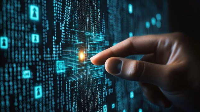 A hand touching a glowing digital interface with binary code and icons.