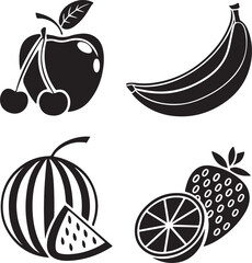 Black and White Vector Fruit Icons Set – Cherry, Apple, Banana, Pineapple, Citrus
