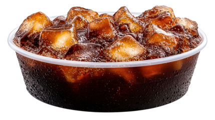 Iced Dark Brown Carbonated Beverage in Clear Plastic Cup