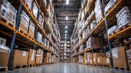 Fototapeta premium A large warehouse with high shelves filled with boxes and pallets.