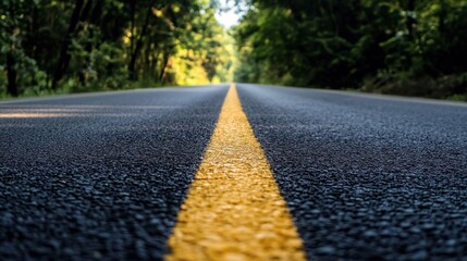 A straight, empty road with a yellow line in the middle, surrounded by green trees and a clear sky.