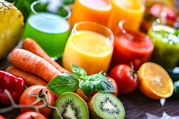 Glasses with fresh organic vegetable and fruit juices