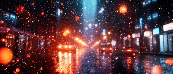 City Nightscape: Snowy Urban Streets, Blurred Lights, and Reflections