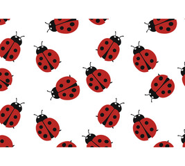 A charming pattern showcasing red ladybugs and white daisies scattered on an orange background, perfect for adding a touch of whimsy to any project