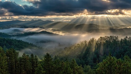 Sunrise through misty mountain peaks. Sunlight beams through heavy clouds over a landscape of forested hills and valleys blanketed in morning mist