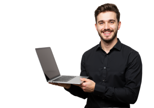 A smiling young man in a black shirt cradles a laptop against a white backdrop, showcasing a polished and approachable look.