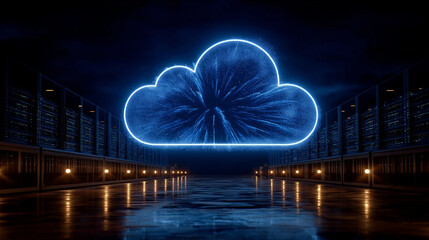 Cloud data storage: A luminous, neon-blue cloud floats above a server room, symbolizing the modern concept of cloud computing and data storage.