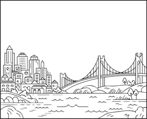 Fototapeta premium City building landscape with beautiful bridge over water black outline vector illustration coloring page design for children and adults