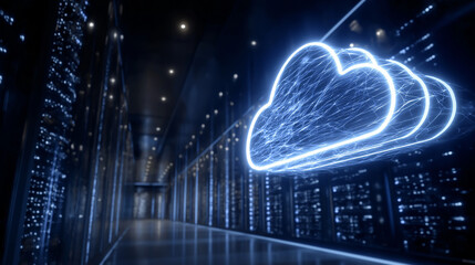 Cloud Computing Center: An illuminated cloud symbol hovers in a data center, representing the power and innovation of modern computing, highlighting data storage.