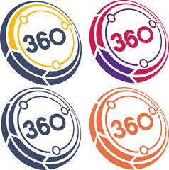 Obraz premium 360 degrees. 360º area view, virtual reality related vector graphic element linear stroke icon in 4 color schemes. Modern style with colorful circle lines