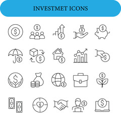 Investment icon set. Containing investor, mutual fund, asset, dividend, economy, financial, stock, capital, risk, inflation, portfolio and more. 