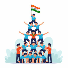 A joyful group of young men builds a human pyramid, culminating in one raising the Indian flag, symbolizing unity and national pride.