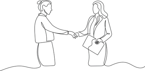 Female Job Interview Scene. One Continuous Line Illustration of Confident Businesswoman Handshake During Hiring Process