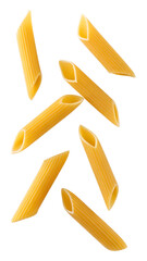 Penne pasta falling isolated on transparent background