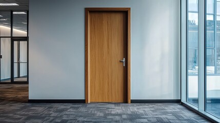 A wooden door with a silver handle in an empty office space.