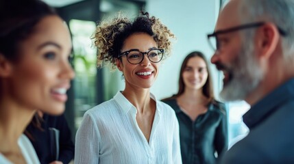 A diverse group of business professionals engaged in a conversation in a modern office setting.