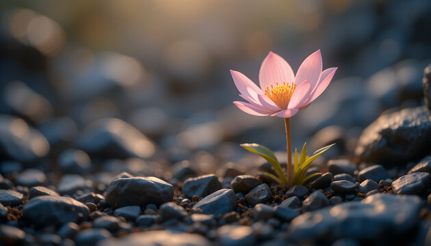 A single flower blooming through stone symbolizing rebirth, new beginning concept image 