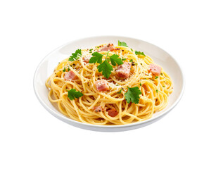 A delicious bowl of Spaghetti Carbonara with bacon fresh parsley and grated parmesan cheese.