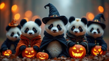 Halloween celebration with adorable pandas in enchanted forest spooky atmosphere whimsical photography