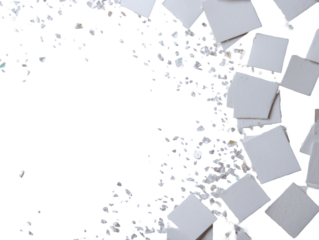 Abstract arrangement of many small, white, square tiles scattered on a dark background